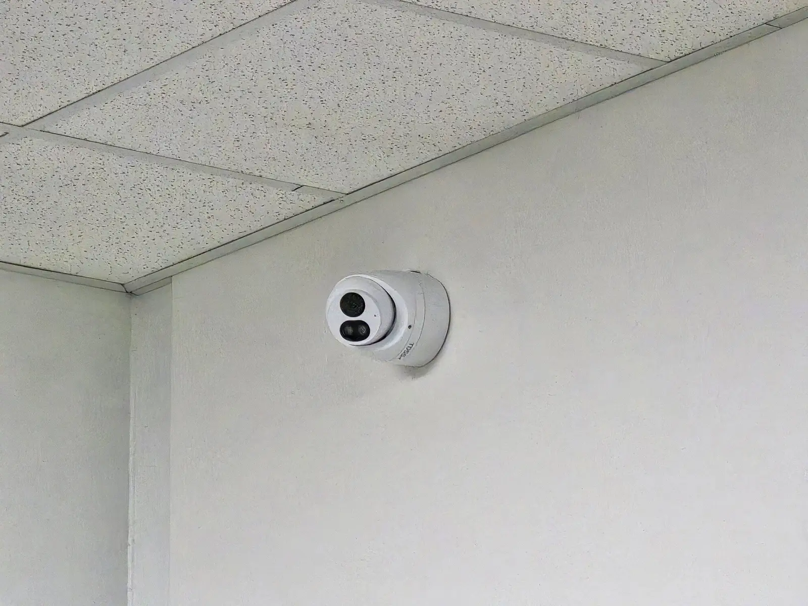 Dome camera mounted high on an interior wall