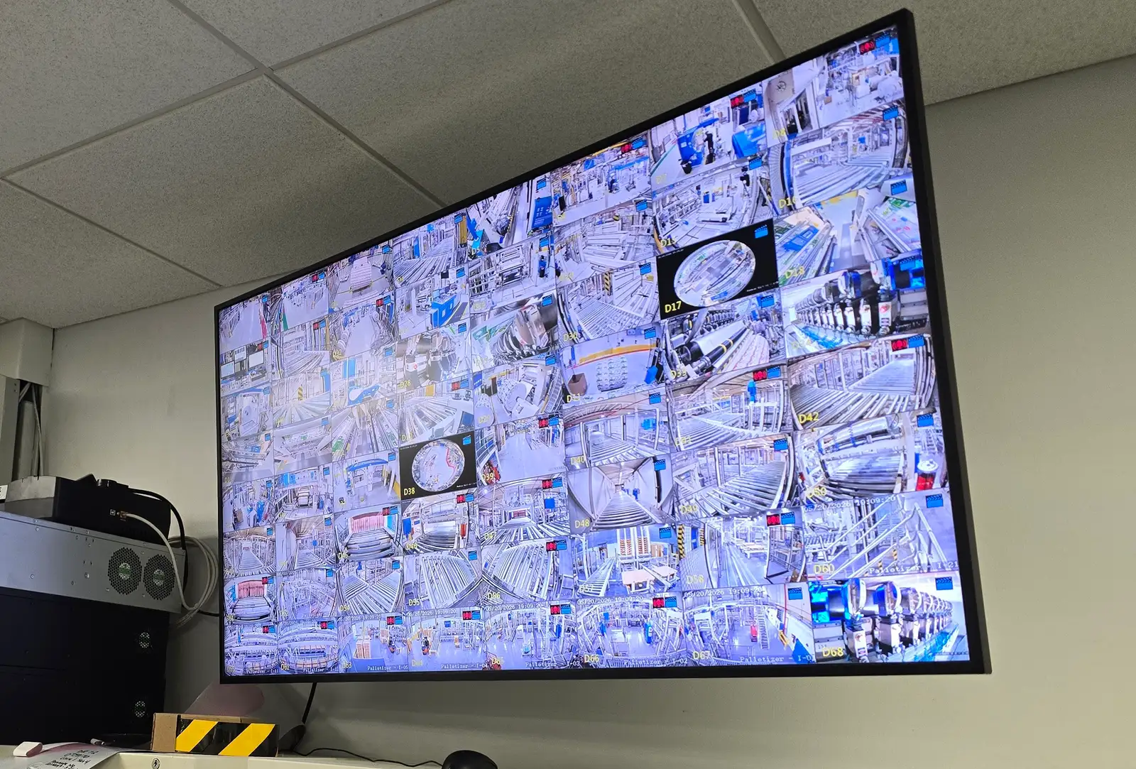 Large wall monitor showing dozens of live camera views